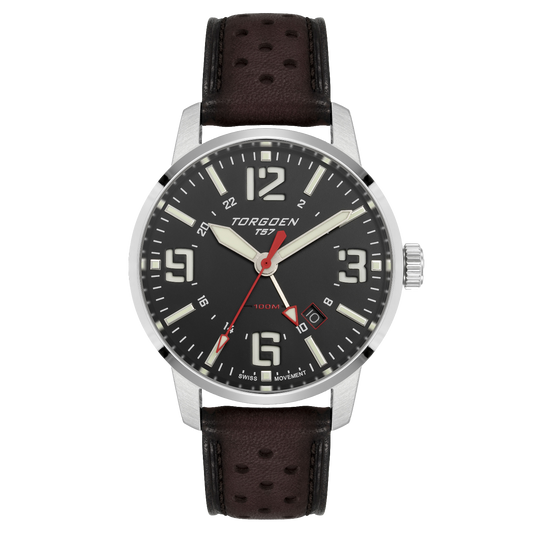 T57 Black GMT Sapphire | 41mm, Dark Brown Leather