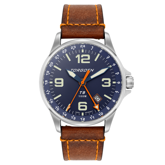 T9 Bluebird Sapphire GMT | 42mm, Brown Leather Strap