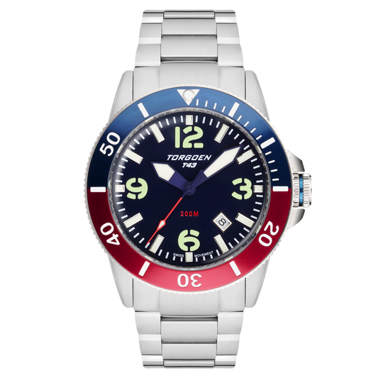 T43 Blue & Red Diver Sapphire | 44mm, Stainless Steel Bracelet