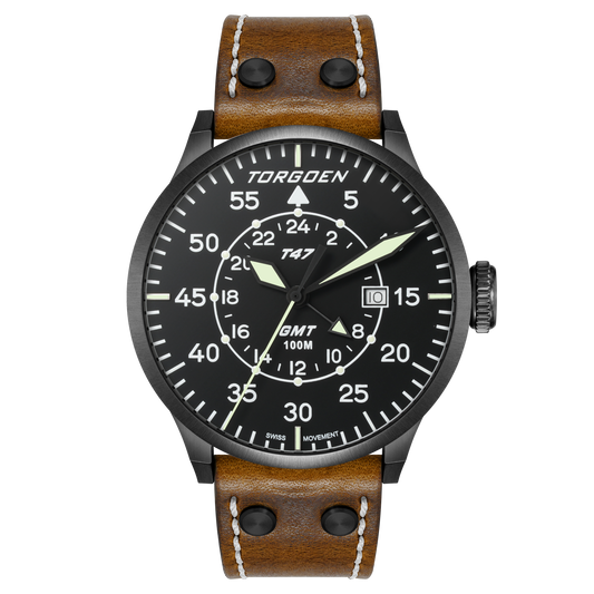T47 Jumbo Black Sapphire GMT | 47mm, Brown Leather Strap