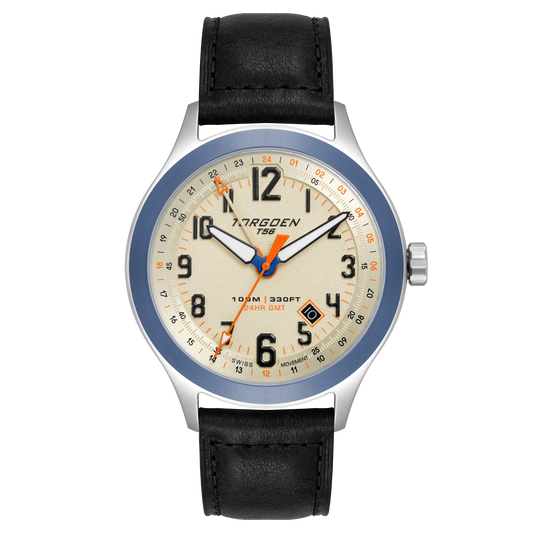 T56 Cream Sapphire GMT | 44mm, Navy Blue Leather Strap