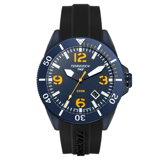 T43 Navy Ion Plated Sapphire Diver | 44mm, Navy Silicone Strap