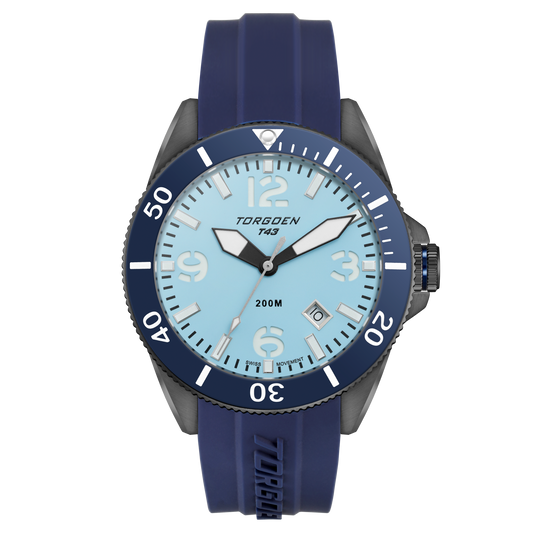 T43 Ice Blue Ion Plated Sapphire Diver | 44mm, Navy Silicone Strap